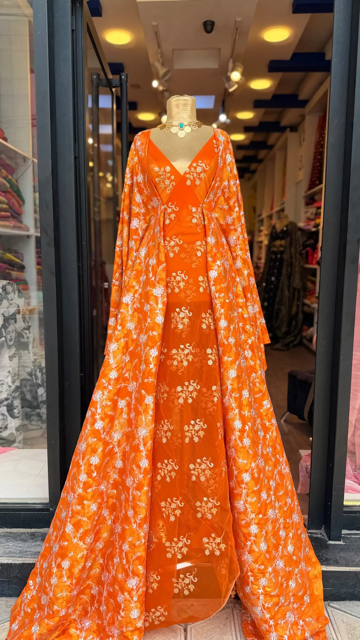Orange Floral Evening Gown
