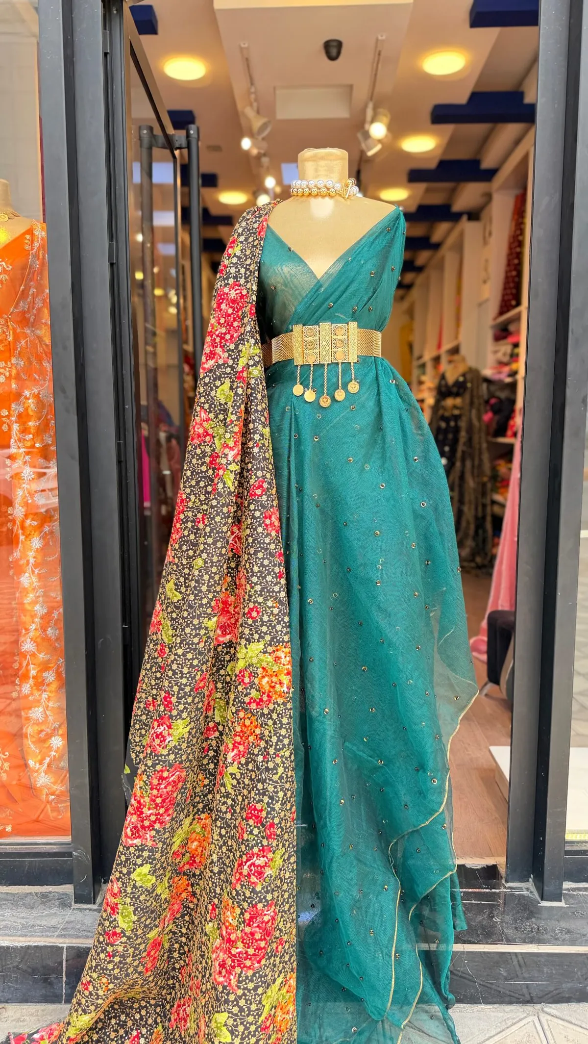 Green Evening Gown with Floral Shawl