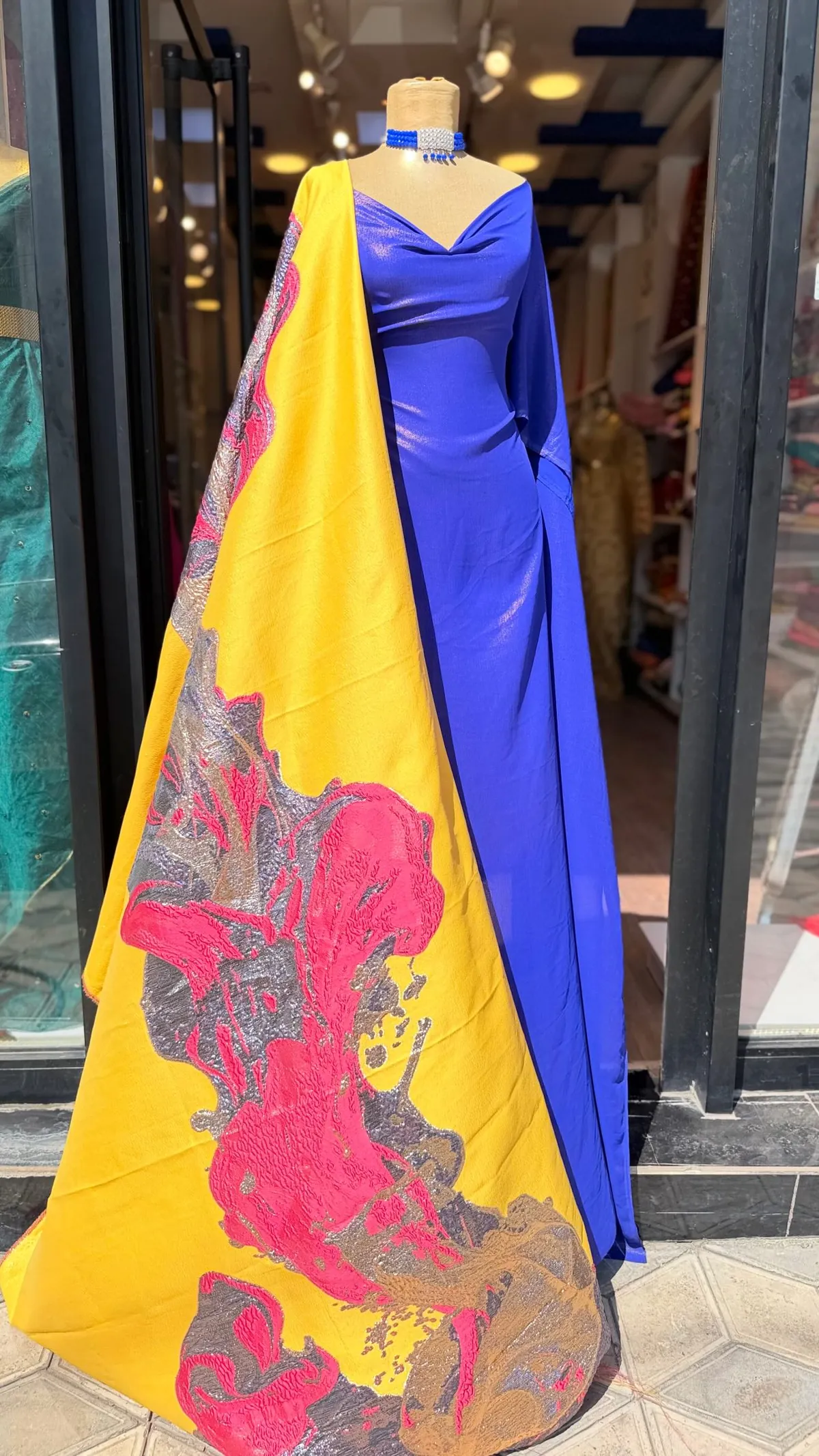 Blue Evening Gown with Yellow Shawl
