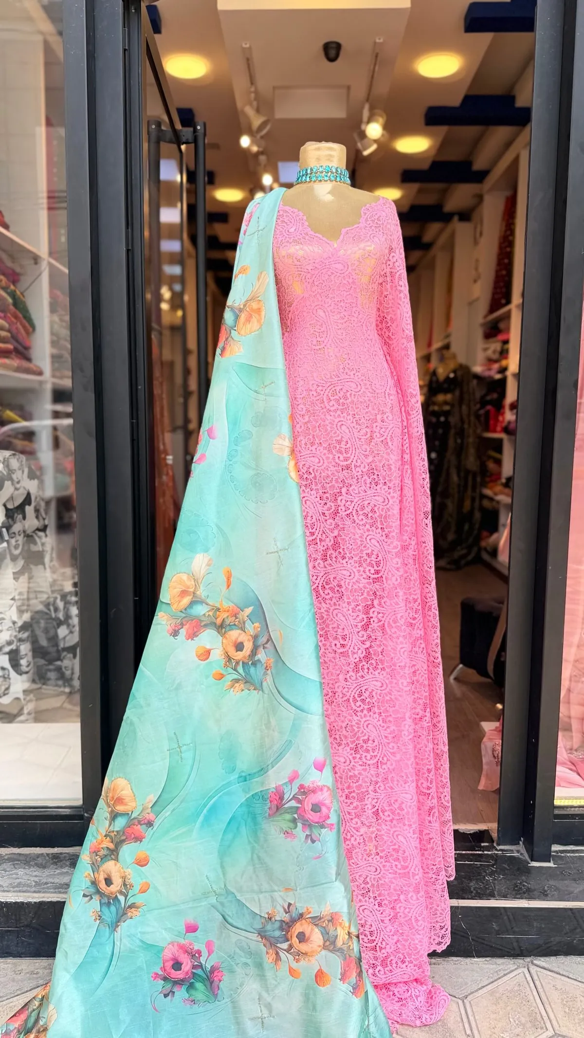 Pink Lace Dress with Floral Shawl