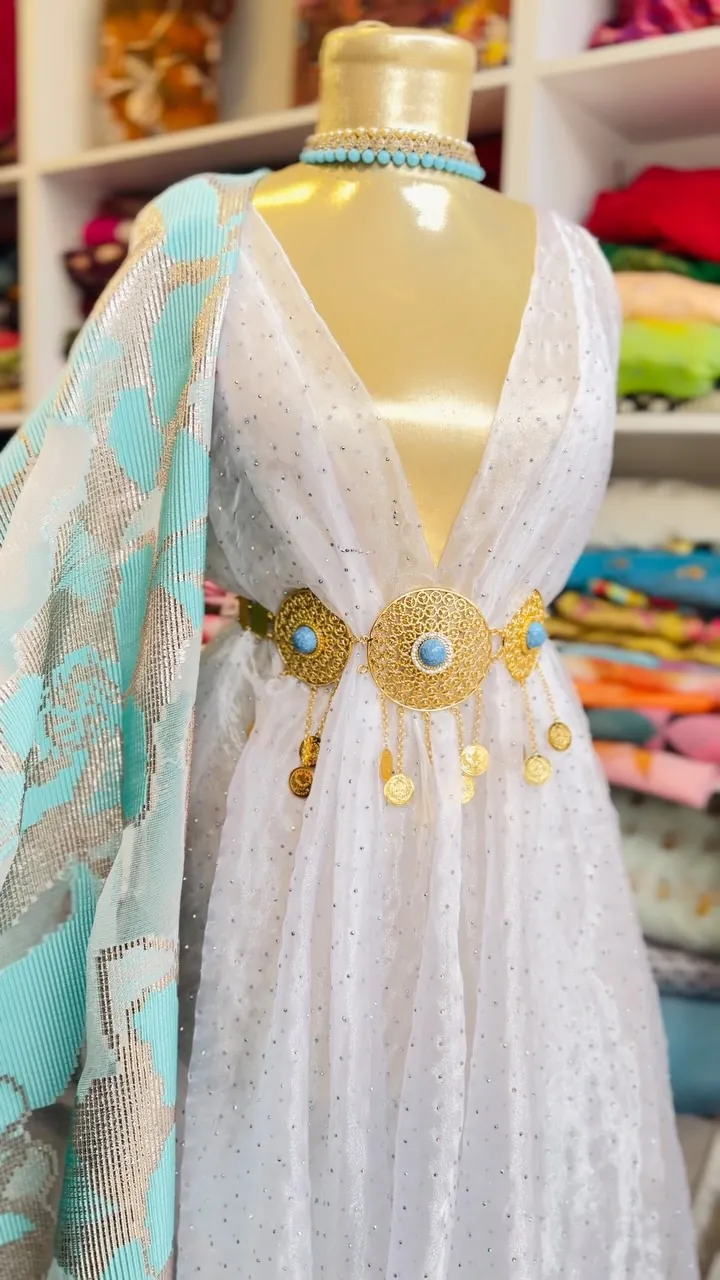 White Dress with Gold Belt and Blue Accents