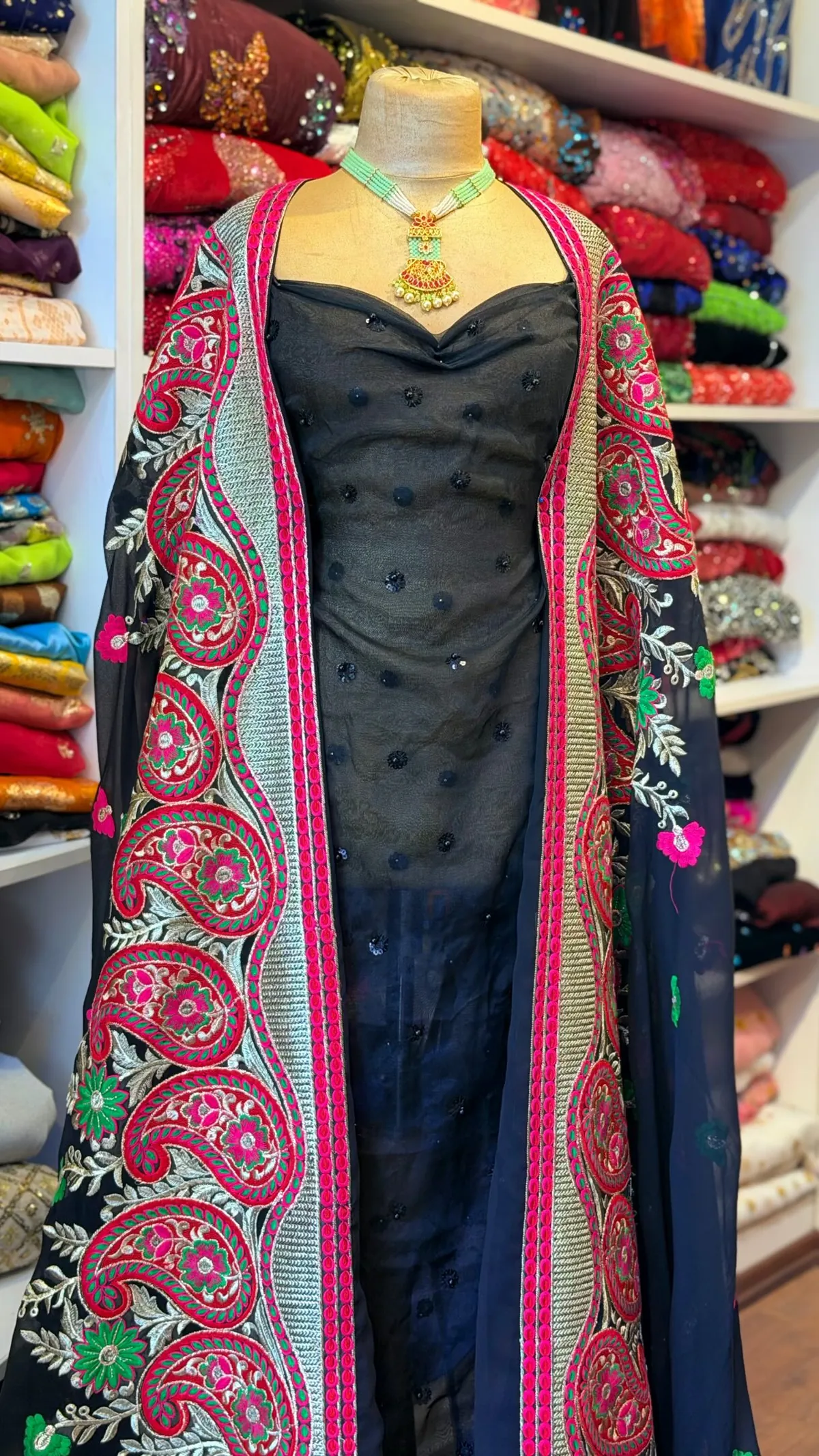 Embroidered Long Cardigan with Black Dress