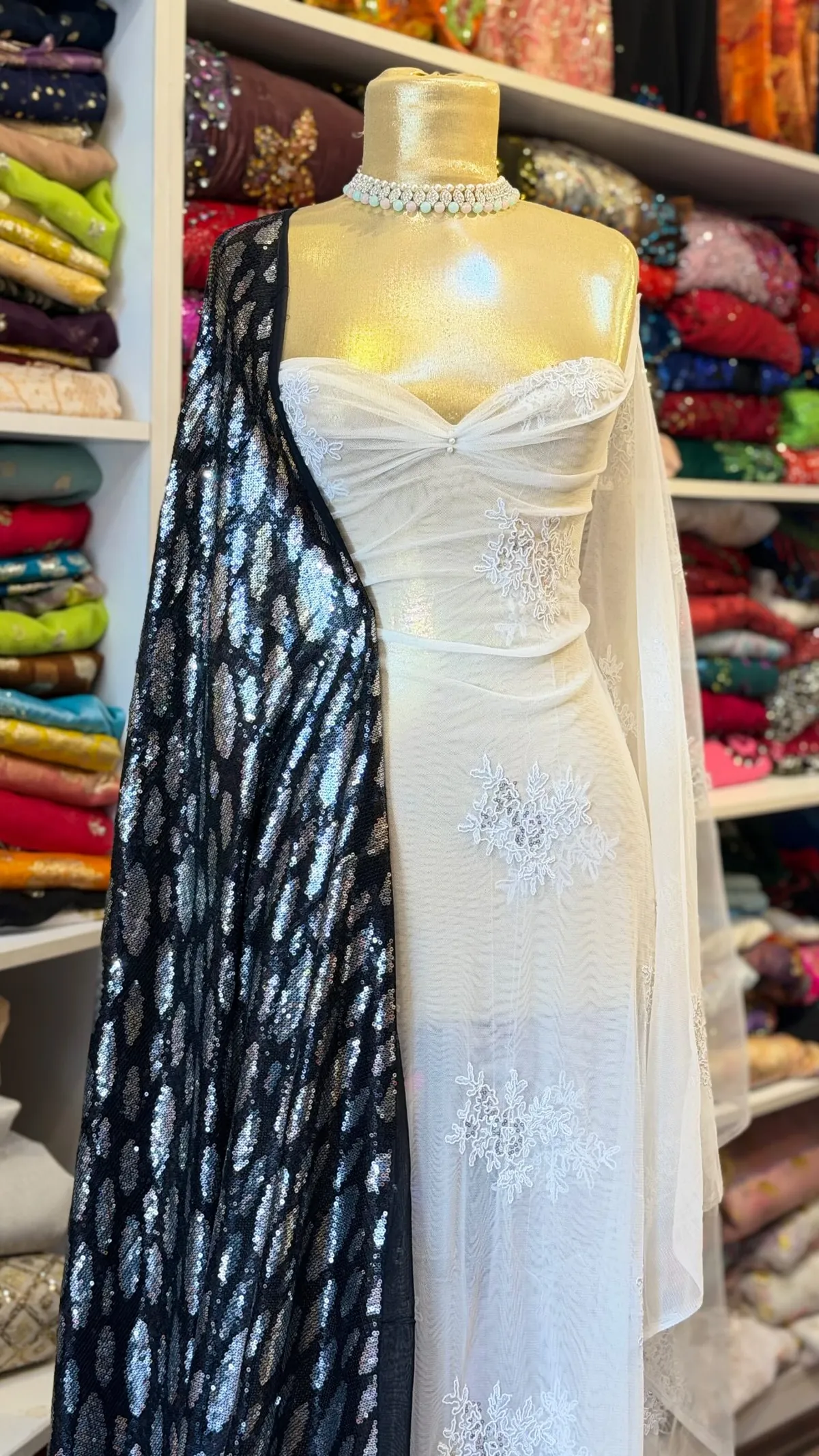 White Evening Dress with Black Shimmering Wrap