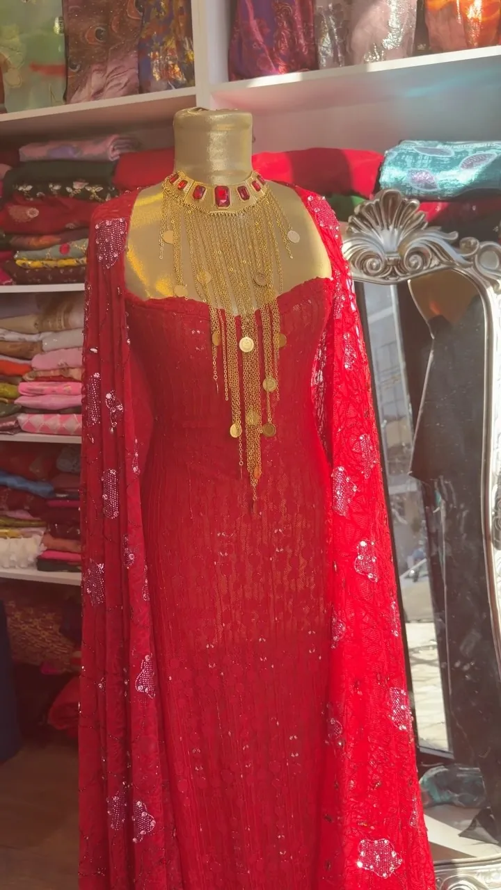 Red Evening Dress with Gold Necklace