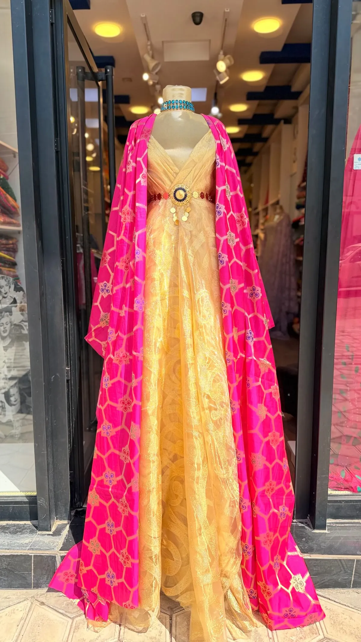 Yellow Evening Gown with Pink Cape