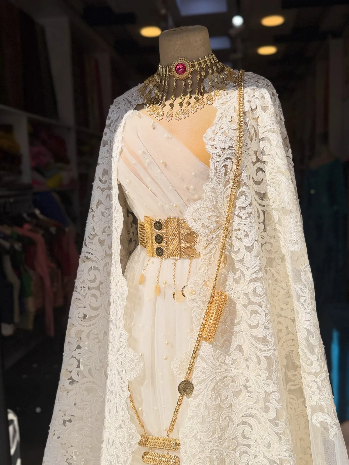 White Lace Formal Dress with Gold Accessories