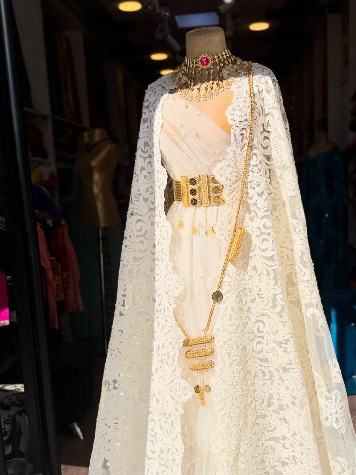White Lace Formal Dress with Gold Accessories