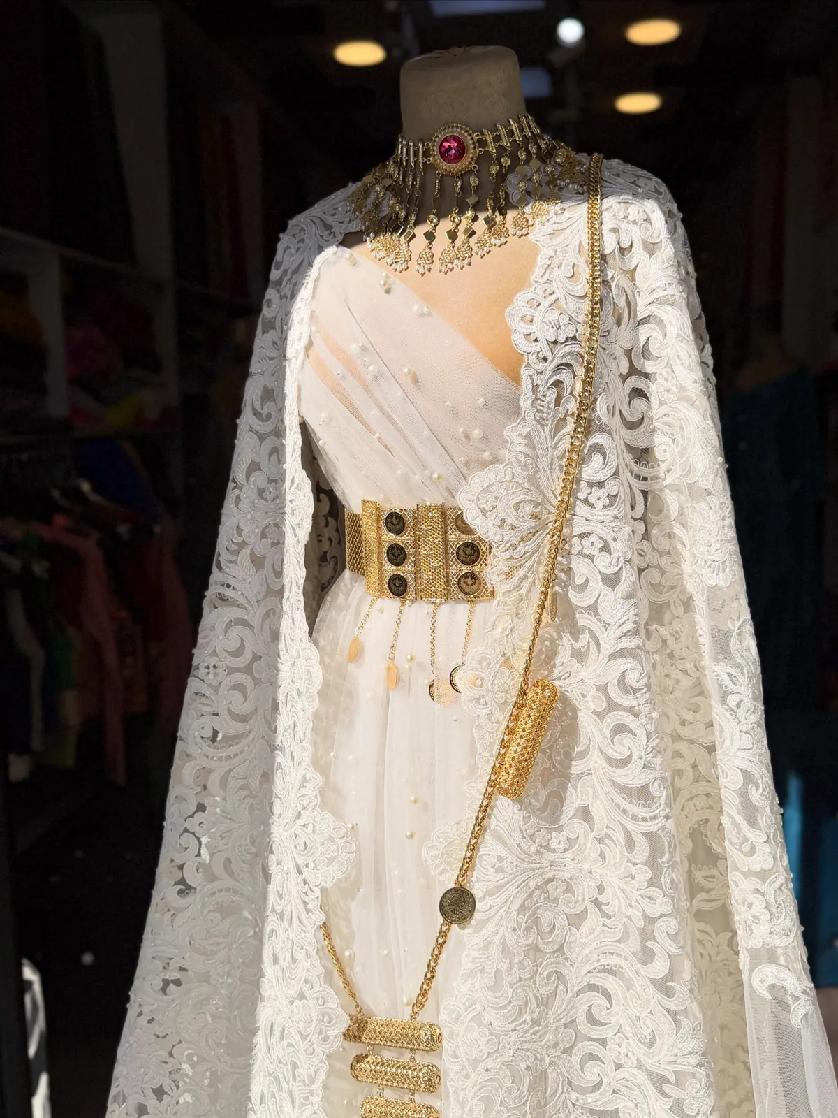 White Lace Formal Dress with Gold Accessories
