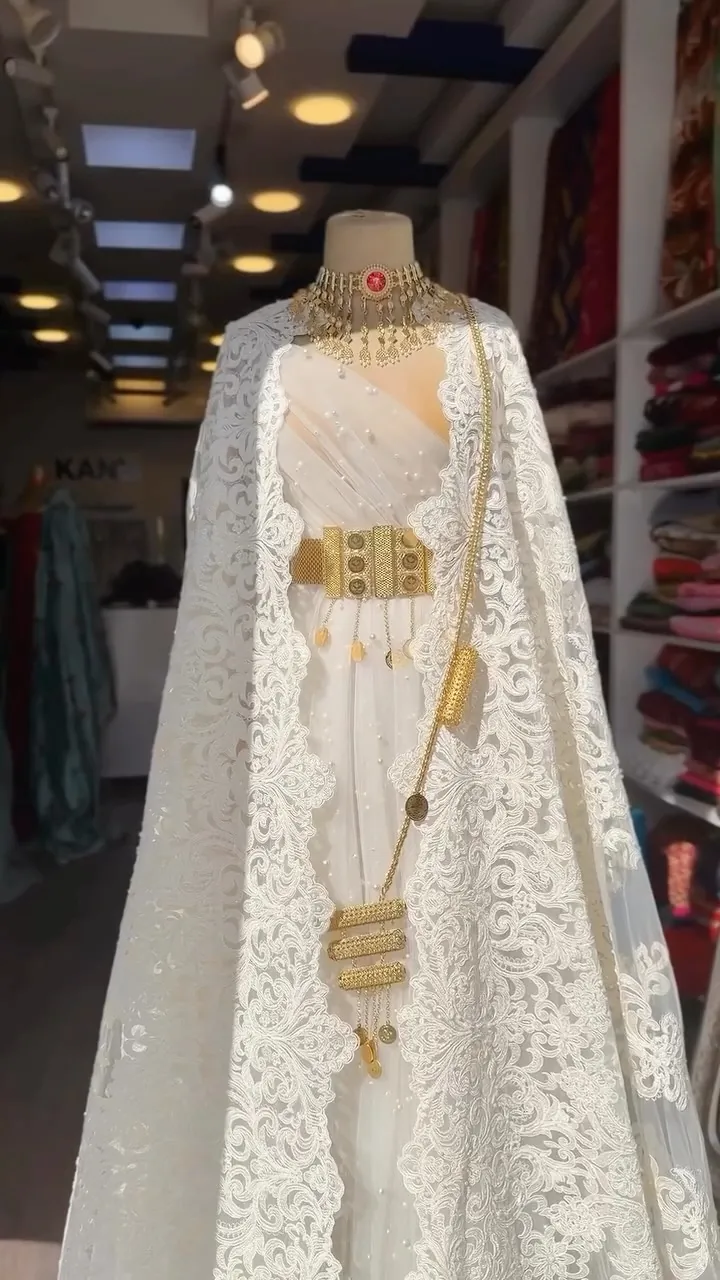 White Traditional Lace Dress with Gold Accessories
