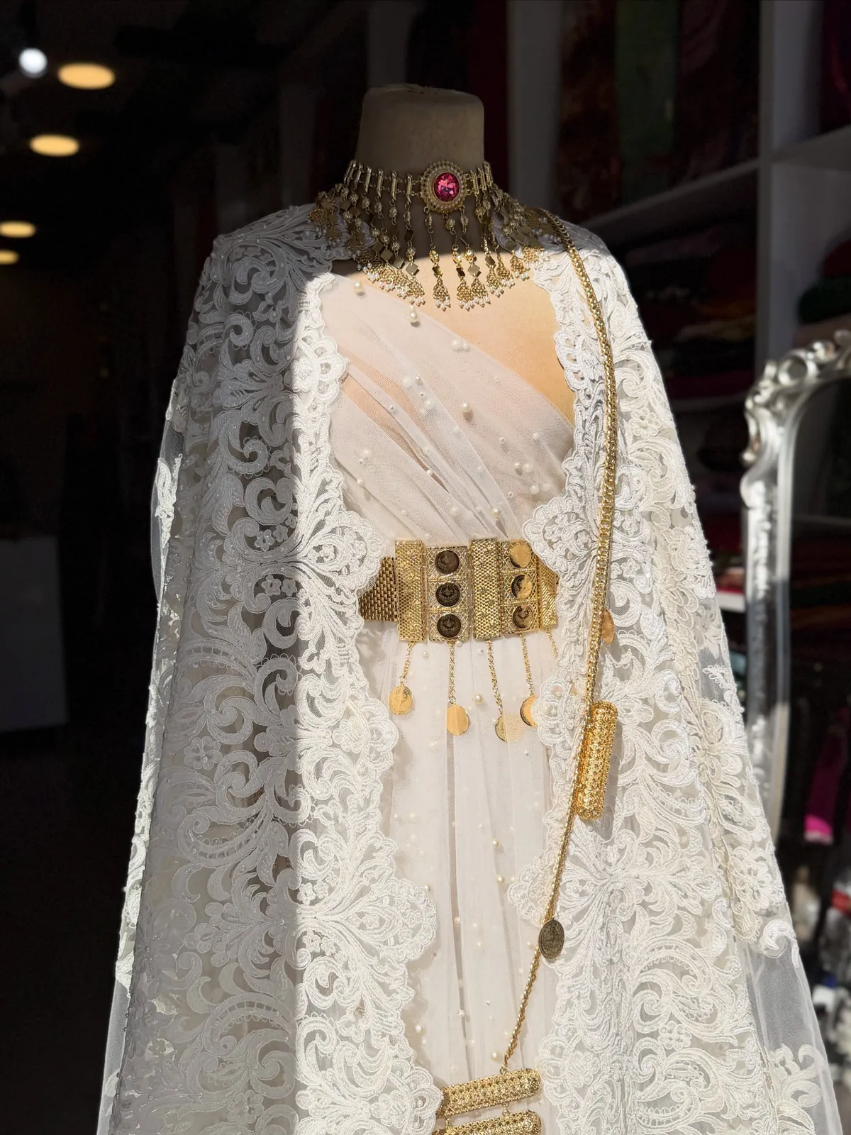 White Lace Traditional Dress with Jewelry Set