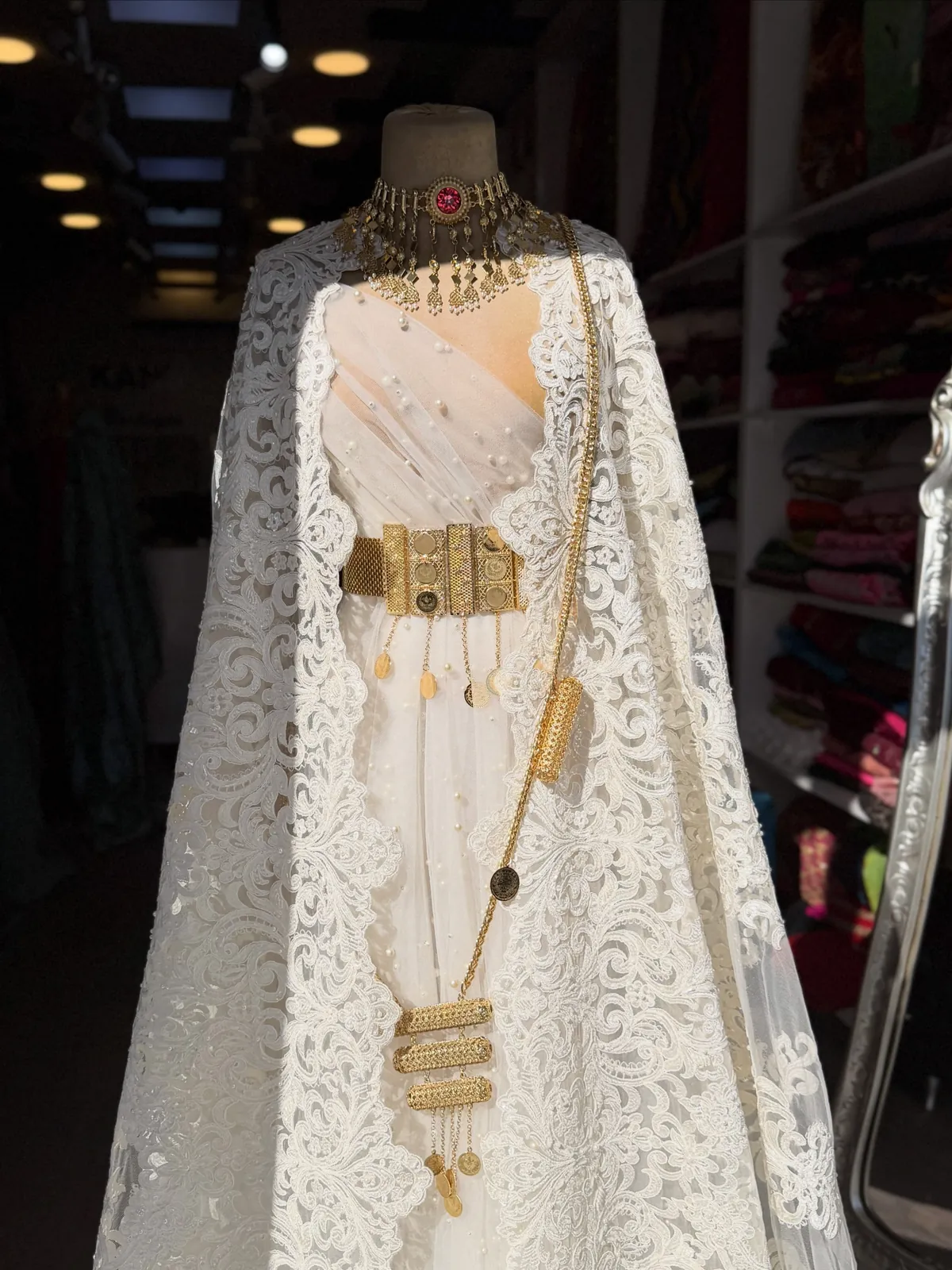 White Lace Traditional Dress with Jewelry Set