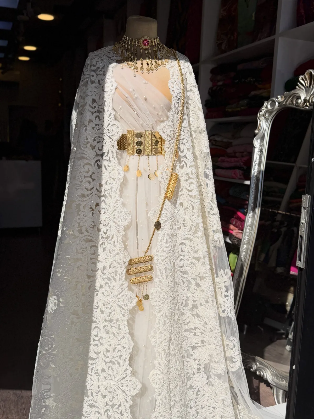 White Lace Traditional Dress with Jewelry Set