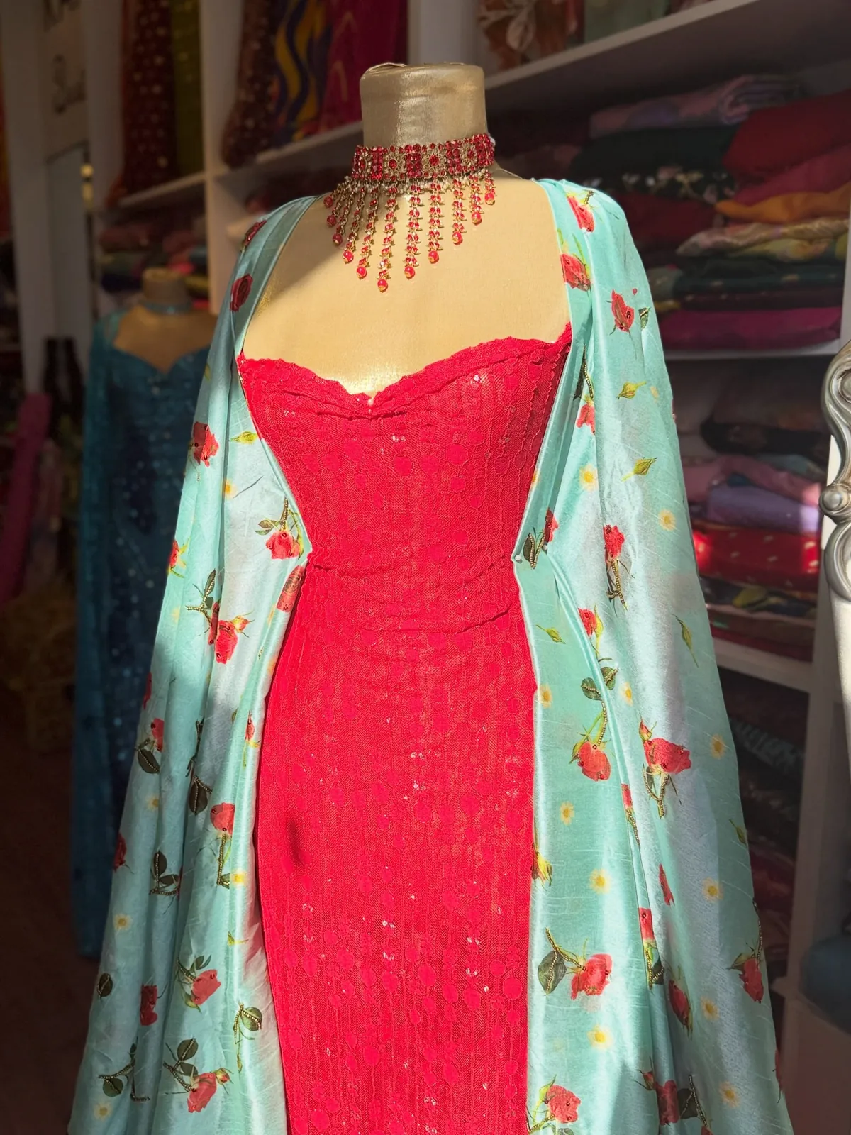 Red Gown with Floral Cape