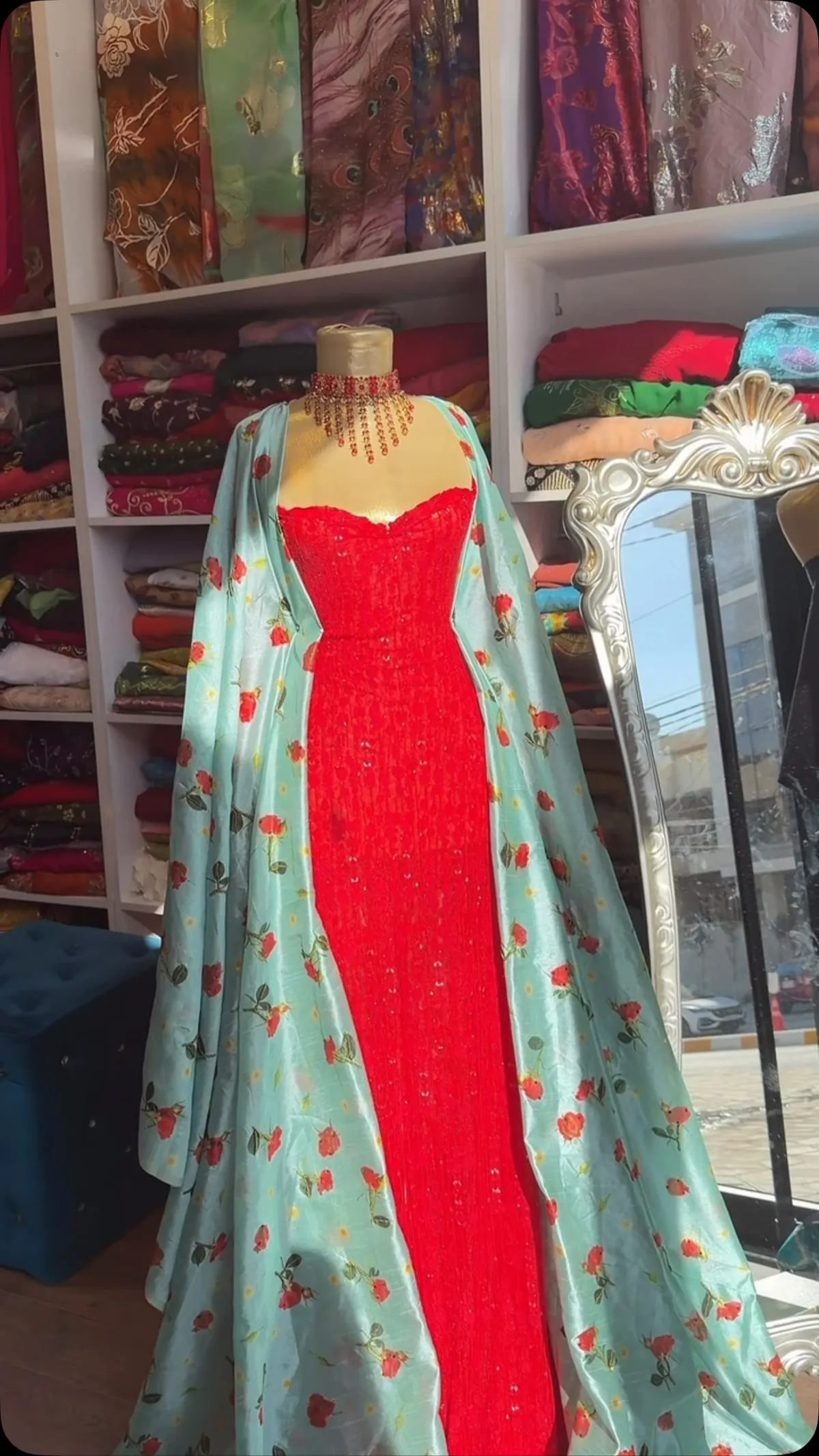 Red Evening Dress with Floral Cape