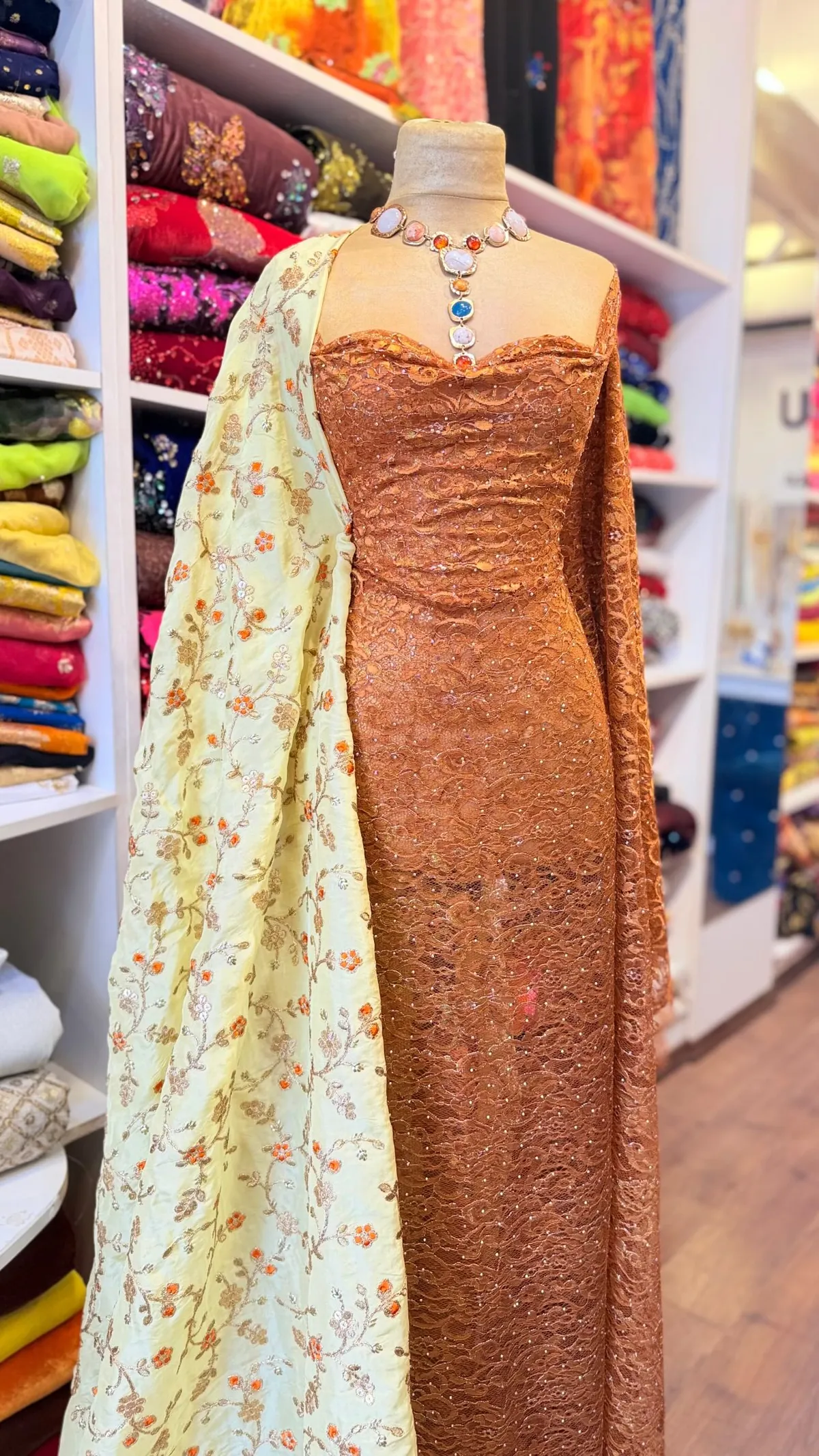 Copper Lace Evening Gown with Floral Shawl