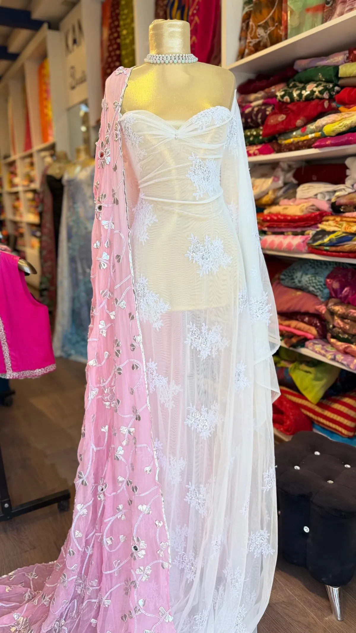White Lace Dress with Pink Shawl