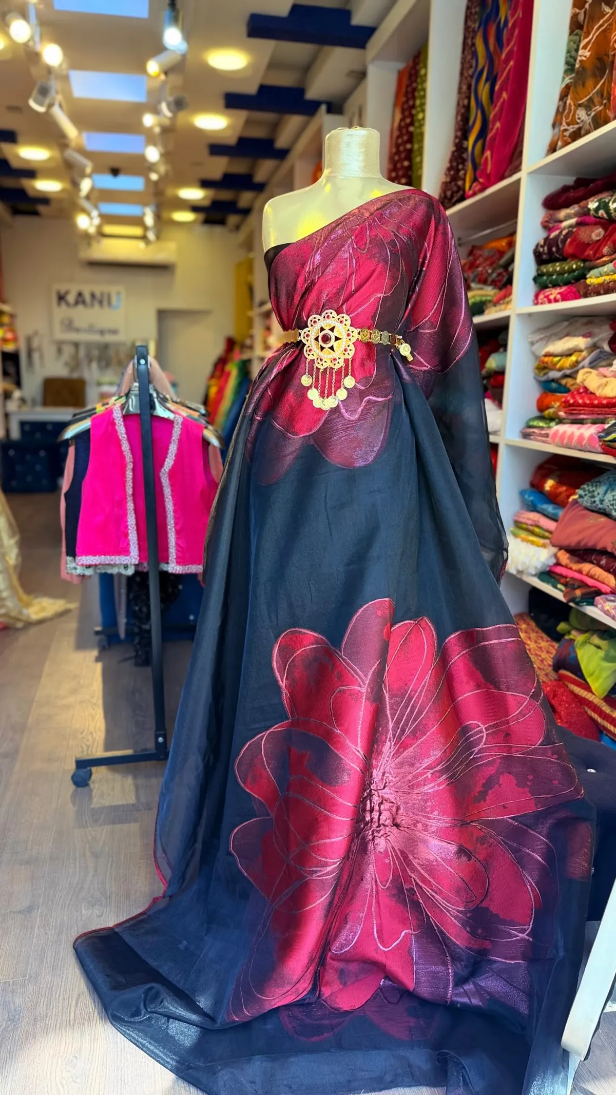 Black Saree with Red Floral Pattern