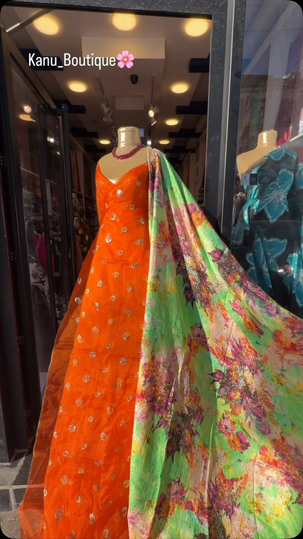 Embroidered Orange Dress with Floral Shawl