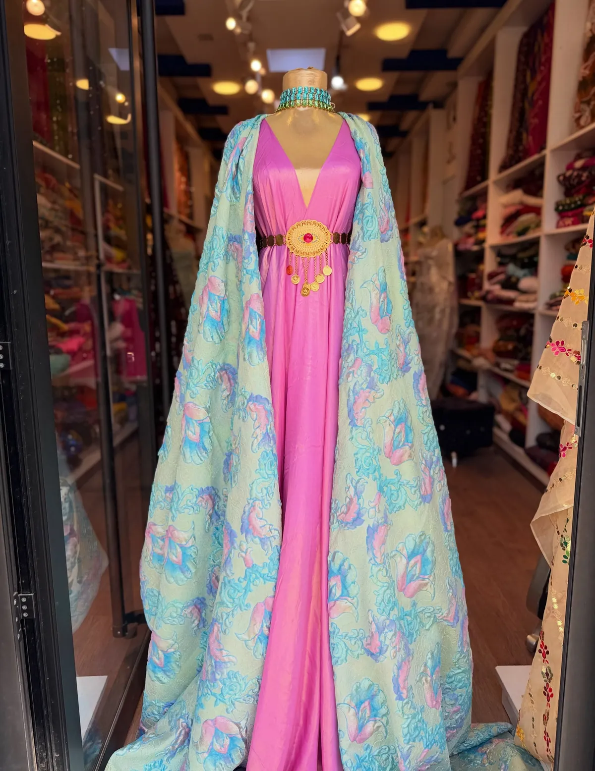 Women's Pink Dress with Patterned Cape