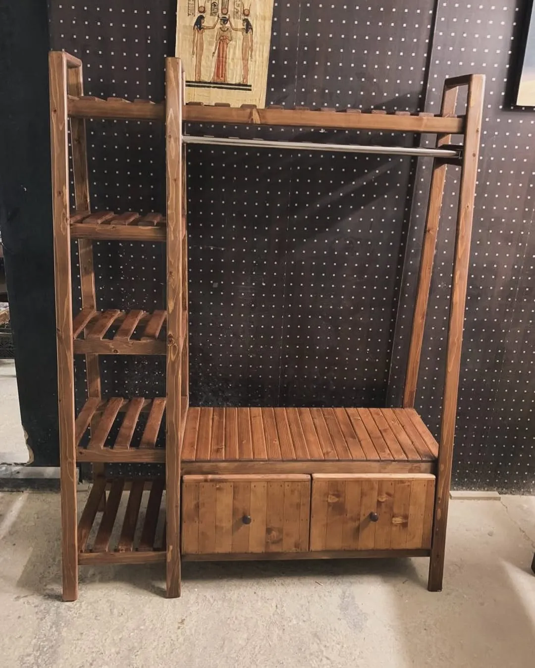 Wooden Clothes Rack with Shelves and Drawers