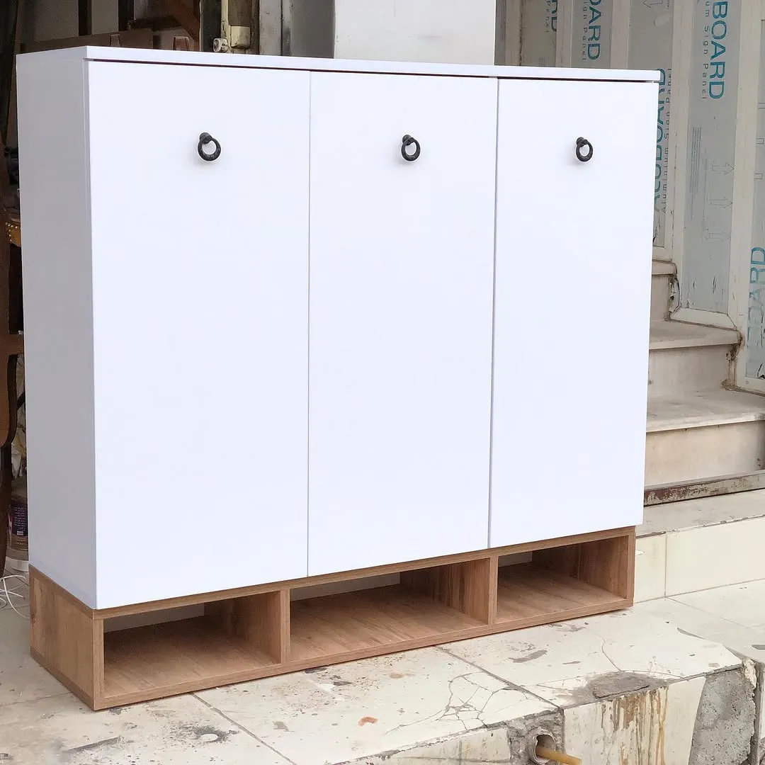 White Modern Cabinet with Wooden Base