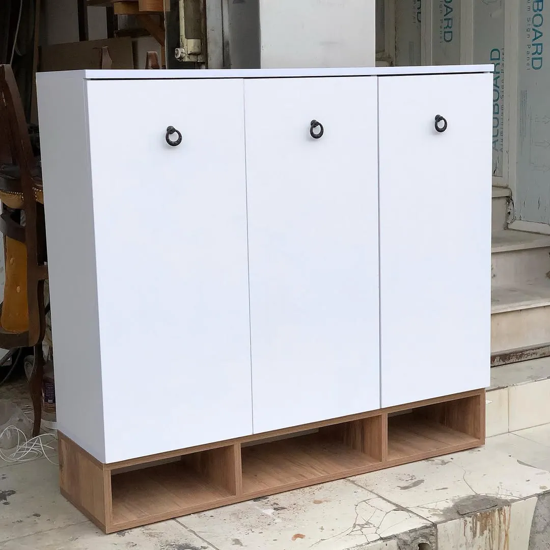 White Modern Cabinet with Wooden Base
