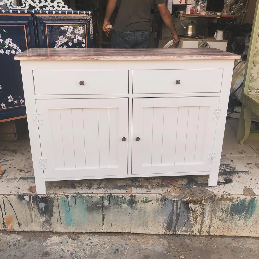 White Wooden Sideboard with Natural Wood Top