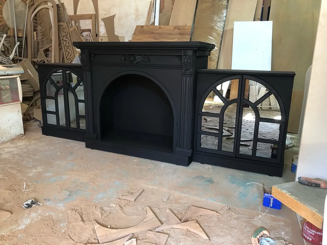 Classical Black Fireplace Mantel with Side Cabinets
