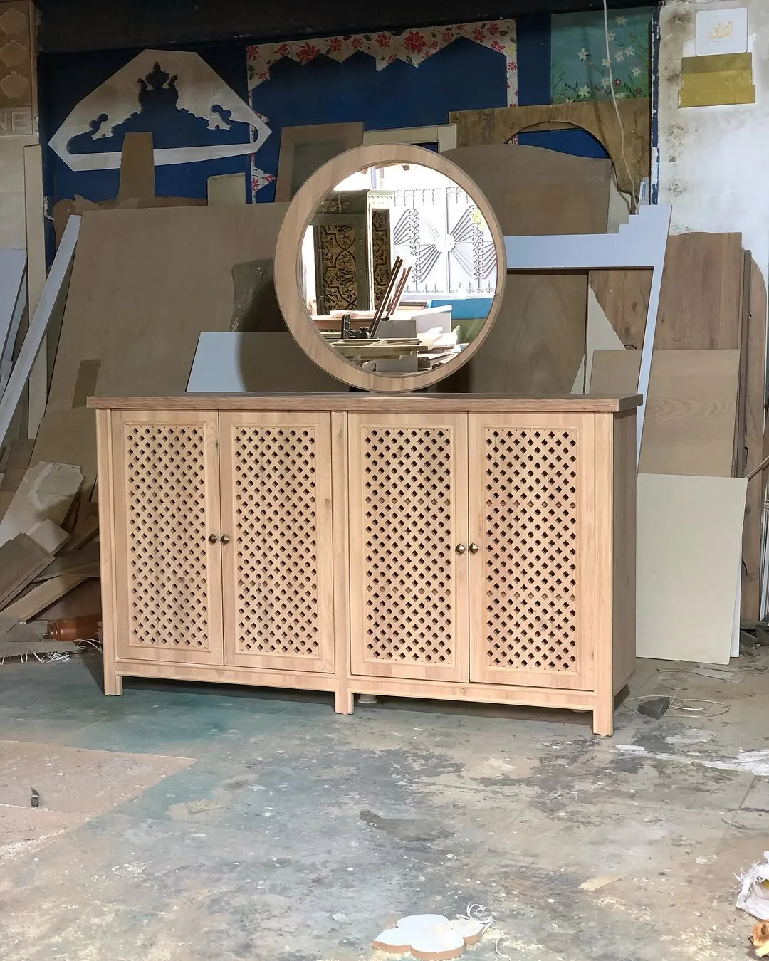 Wooden Cabinet with Circular Mirror