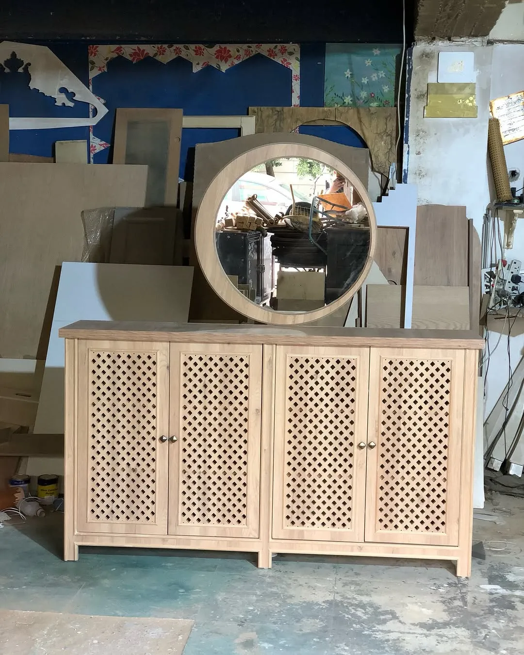 Wooden Cabinet with Circular Mirror