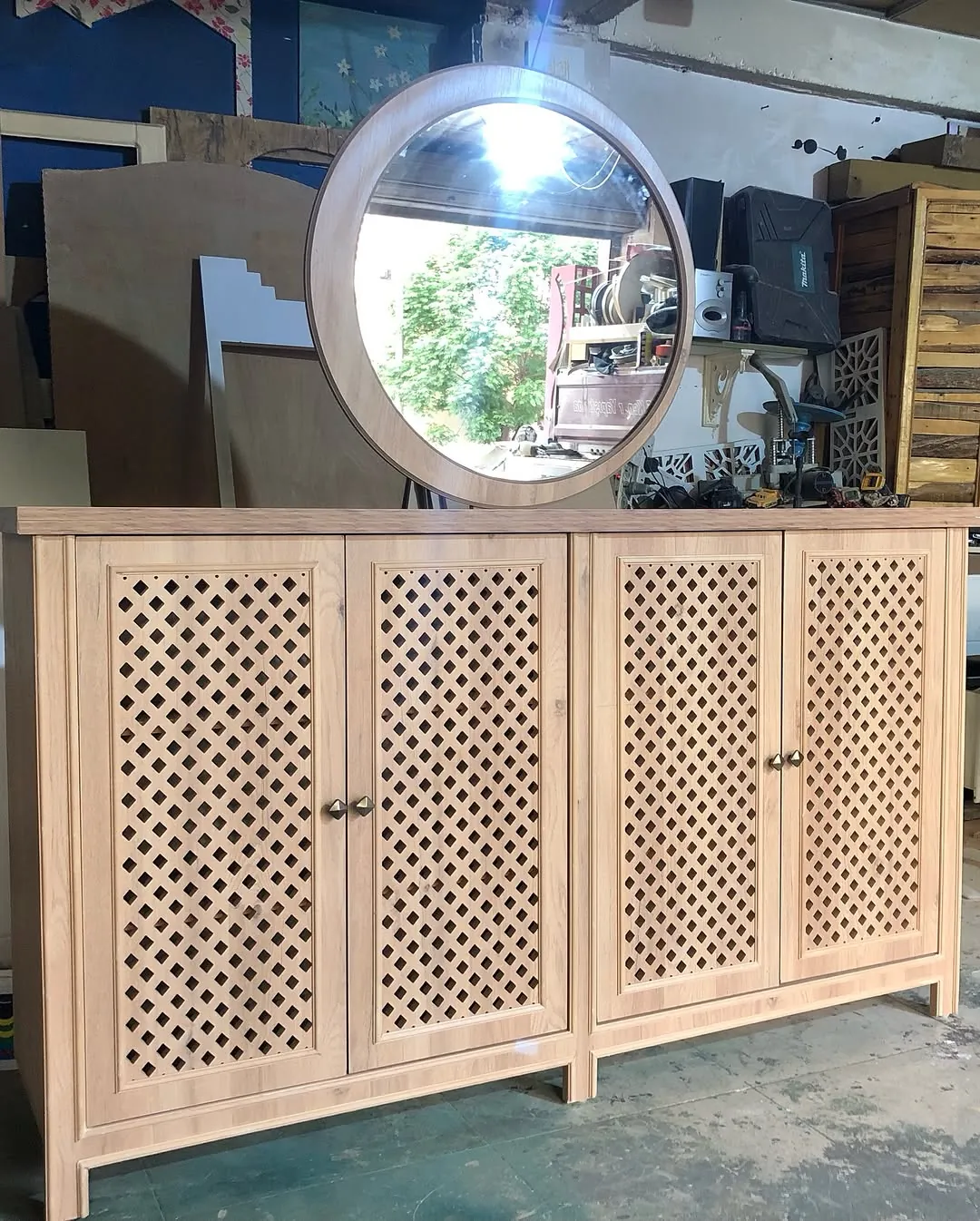 Wooden Cabinet with Circular Mirror