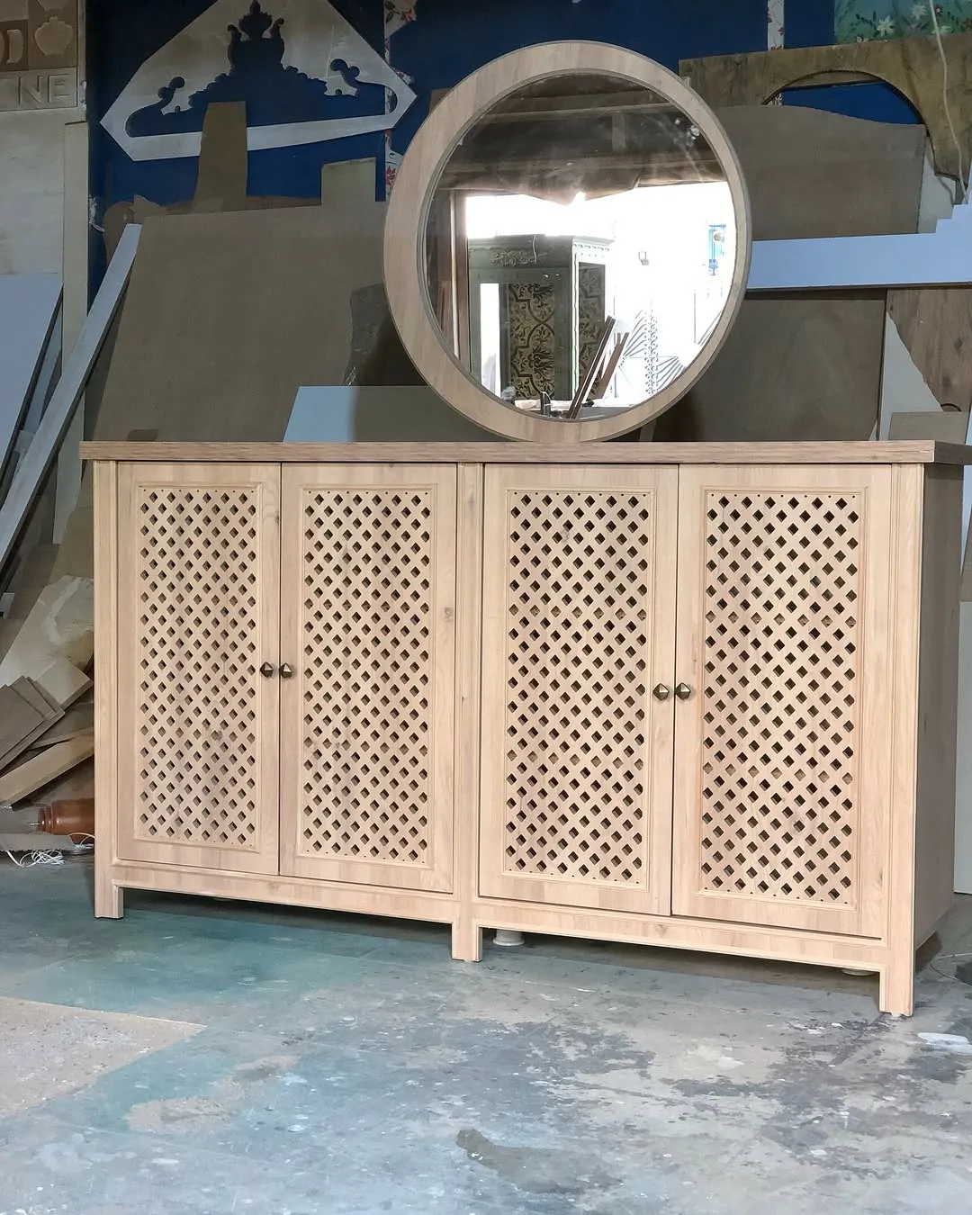 Wooden Cabinet with Circular Mirror