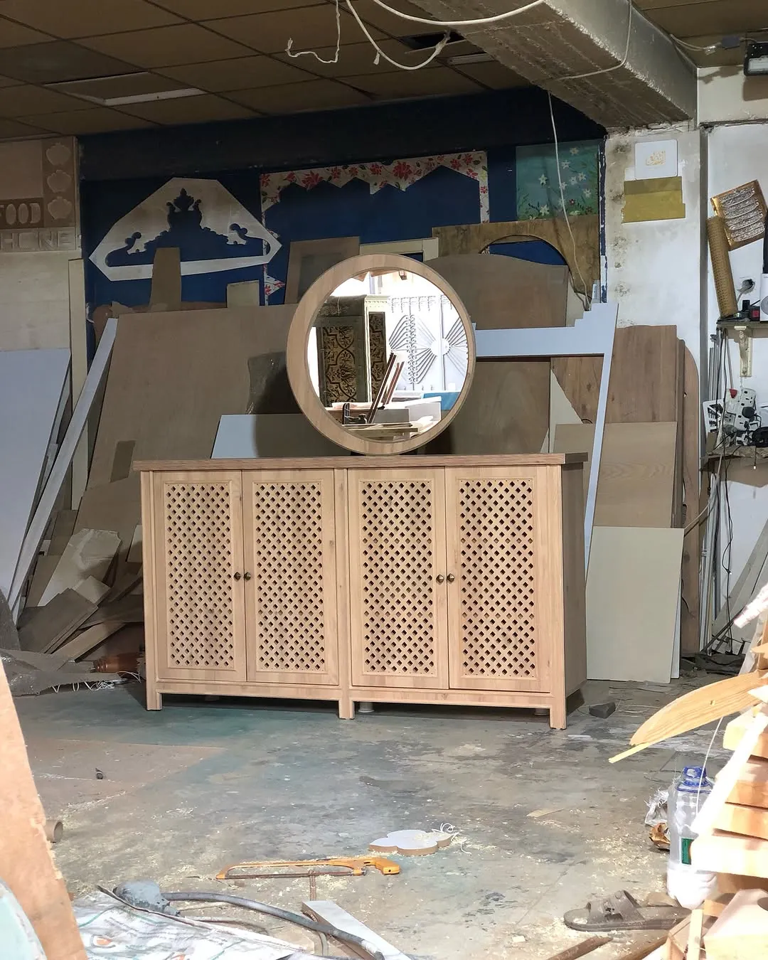 Wooden Cabinet with Circular Mirror