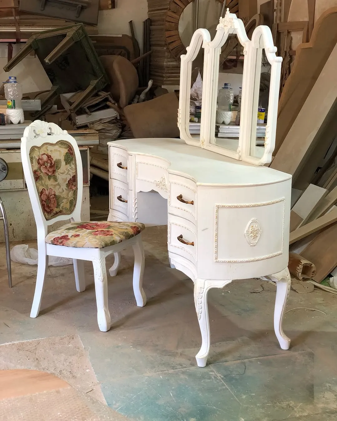 Classic White Dressing Table with Mirror and Chair