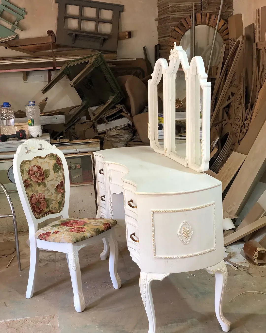 Classic White Dressing Table with Mirror and Chair