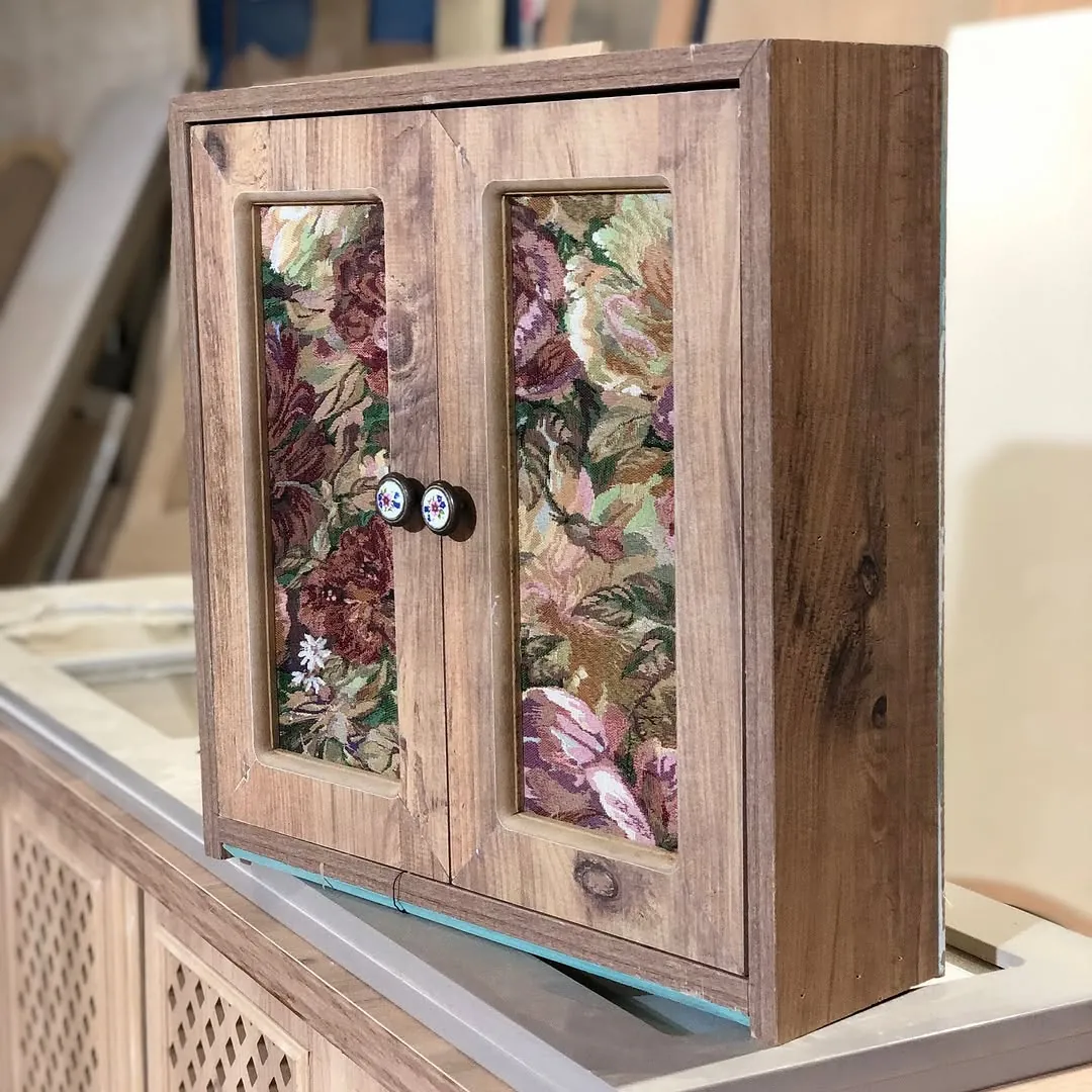 Wooden Cabinet with Floral Glass Panels