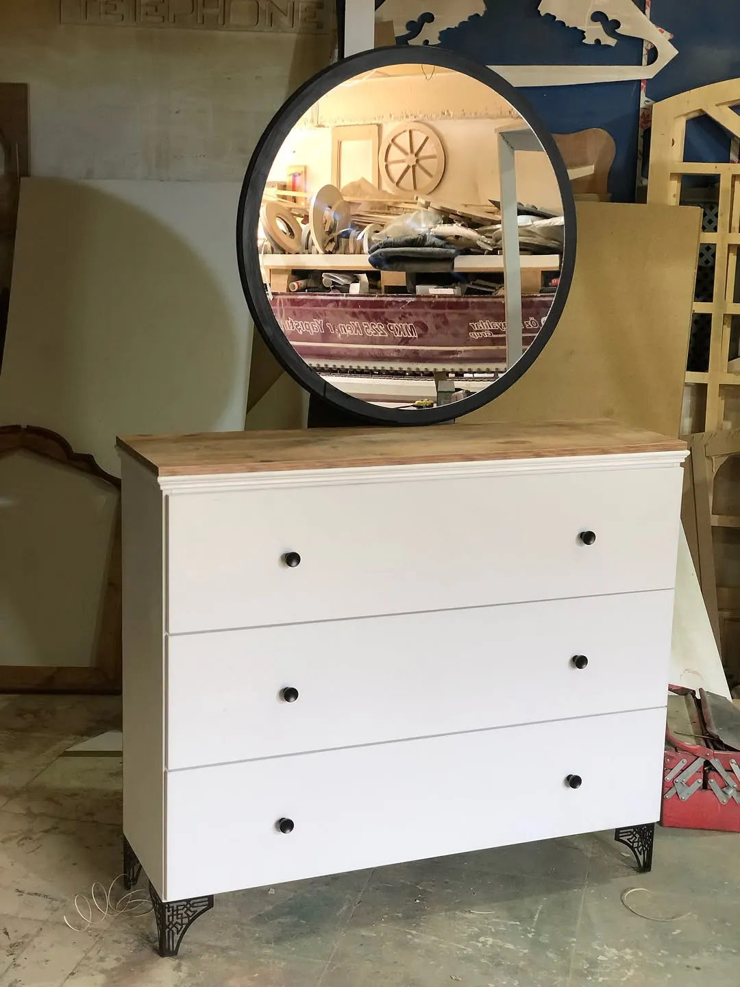 White Three-Drawer Dresser with Round Mirror