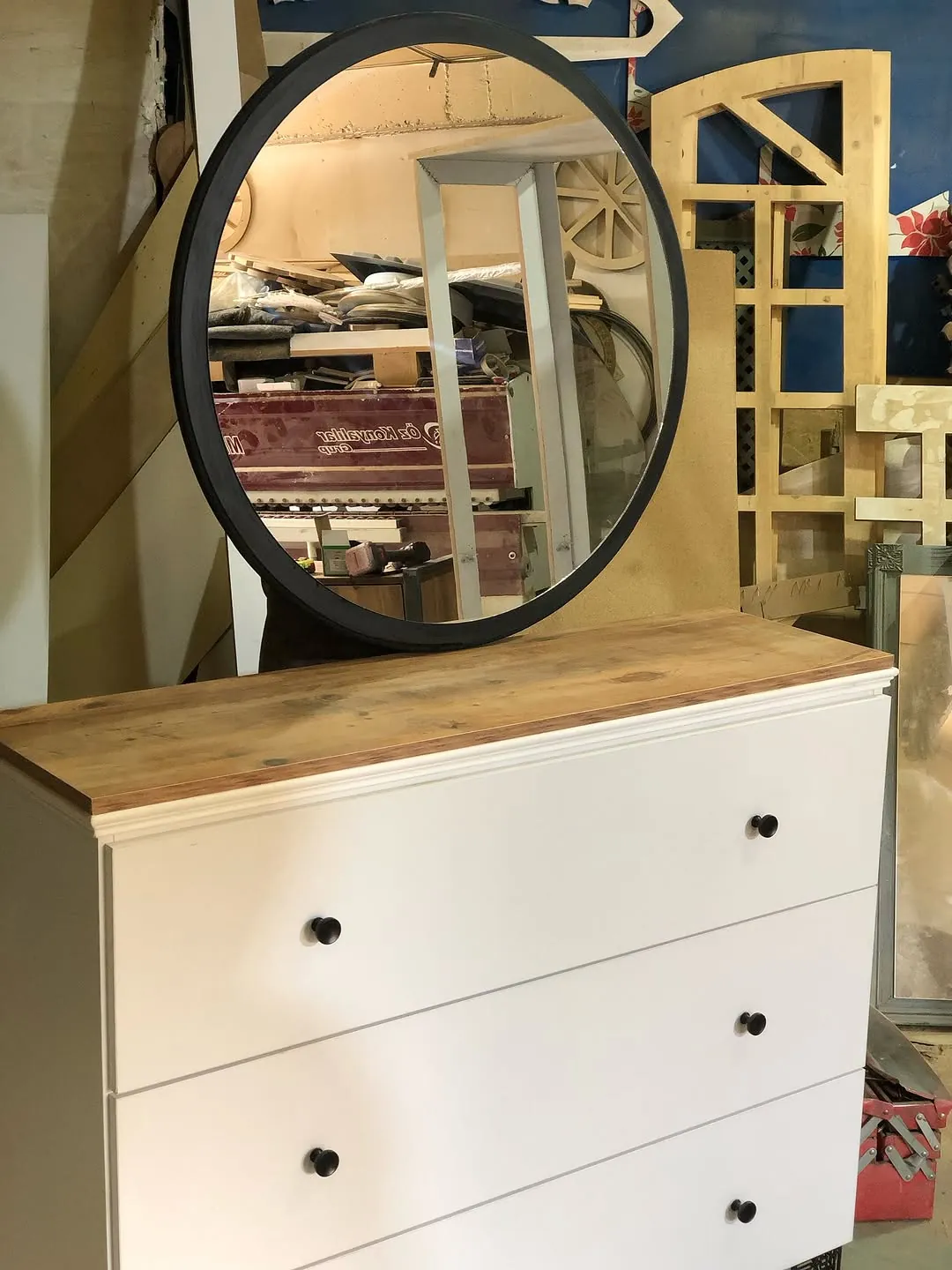 White Three-Drawer Dresser with Round Mirror