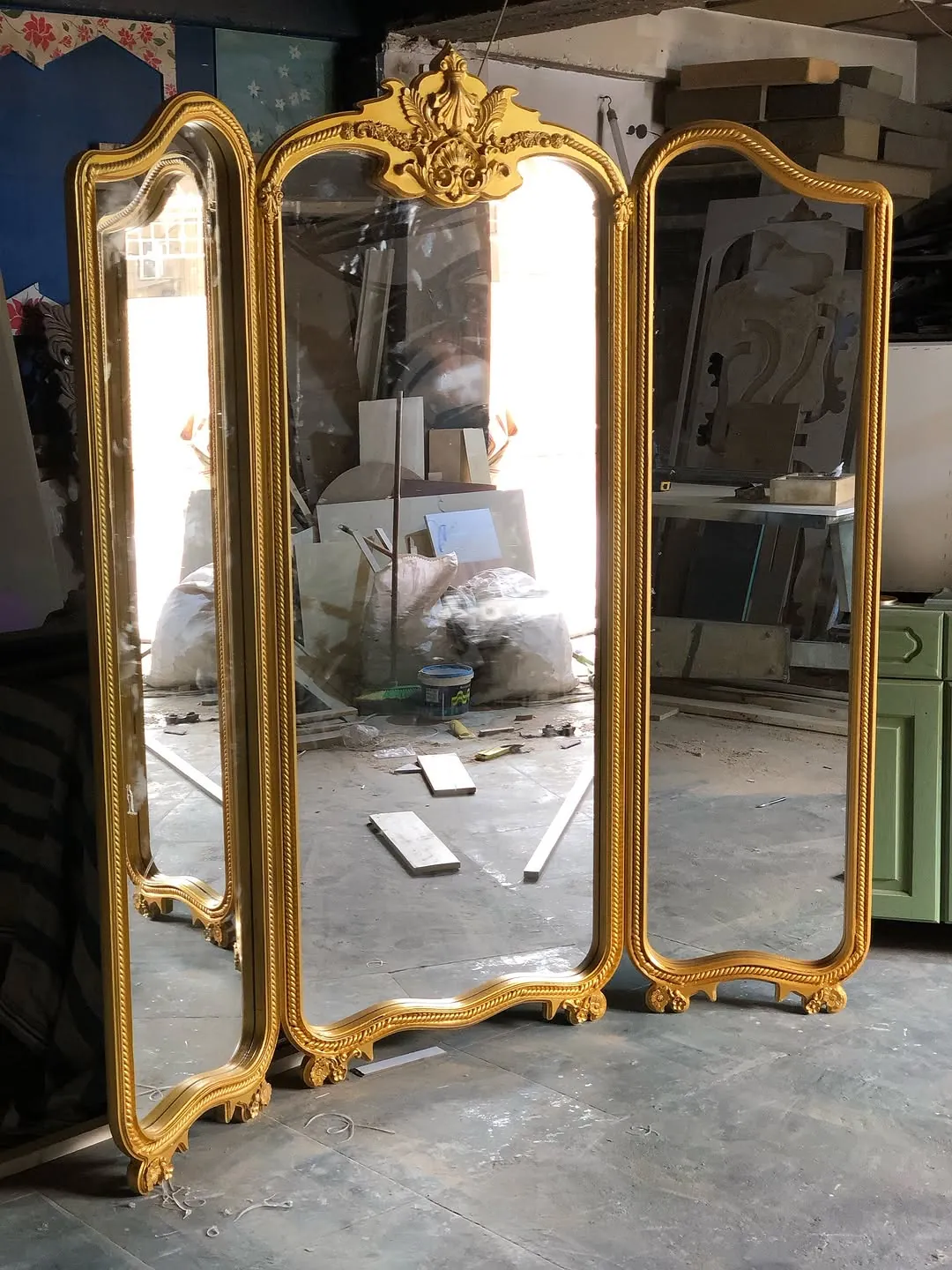 Gold Ornamented Three-Panel Mirror