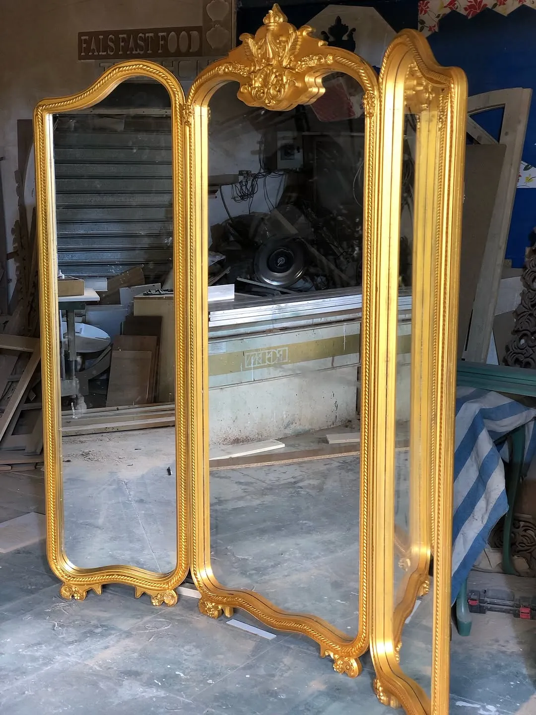 Gold Ornamented Three-Panel Mirror