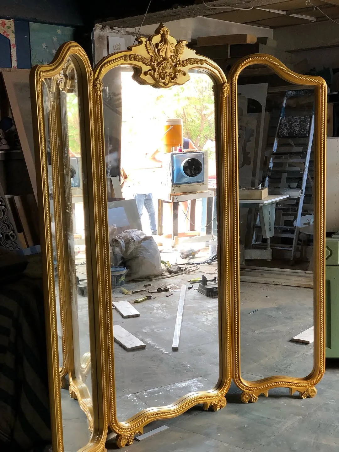 Gold Ornamented Three-Panel Mirror