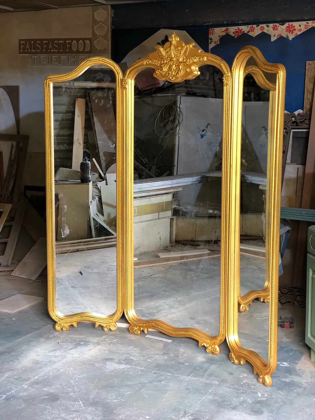 Gold Ornamented Three-Panel Mirror