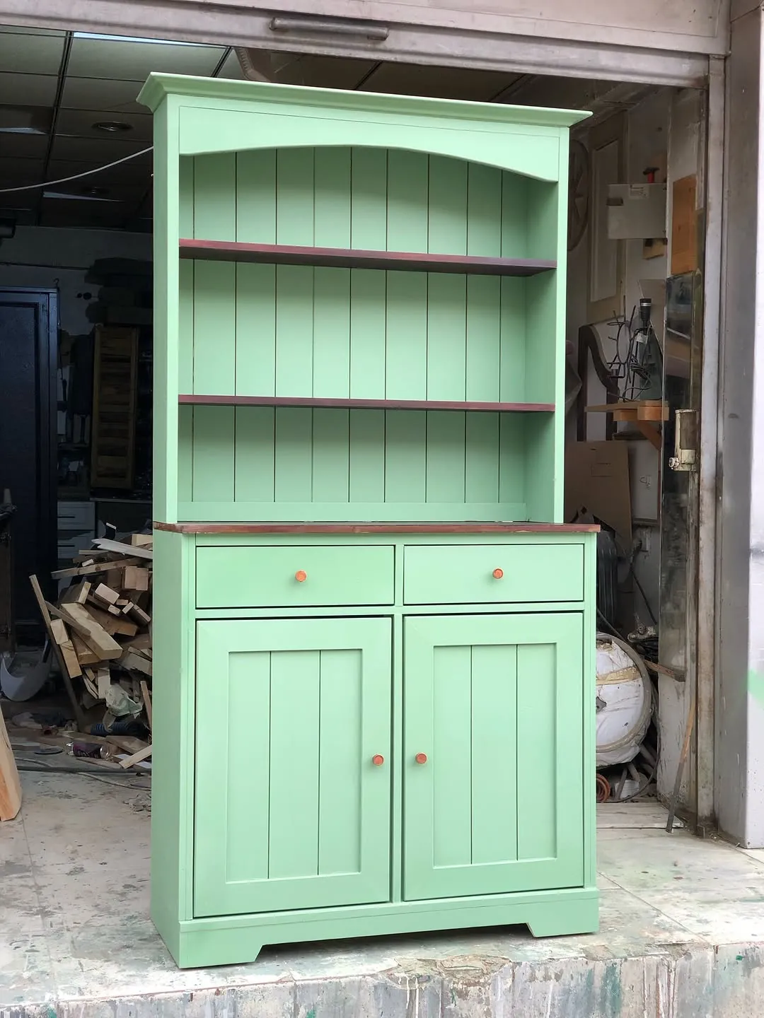 Green Wooden Cabinet with Shelves