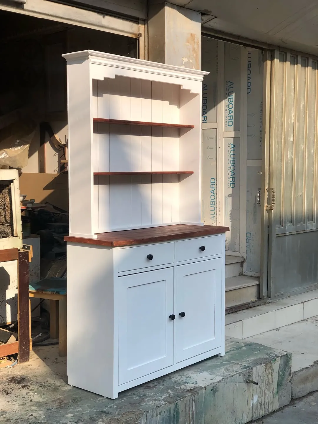 White Cabinet with Wooden Shelves