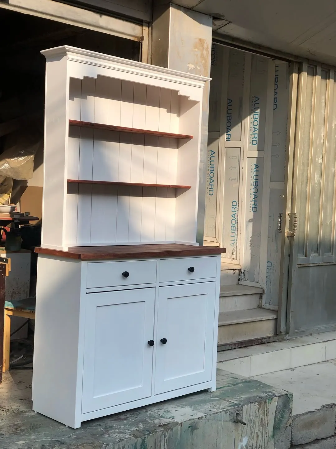 White Cabinet with Wooden Shelves
