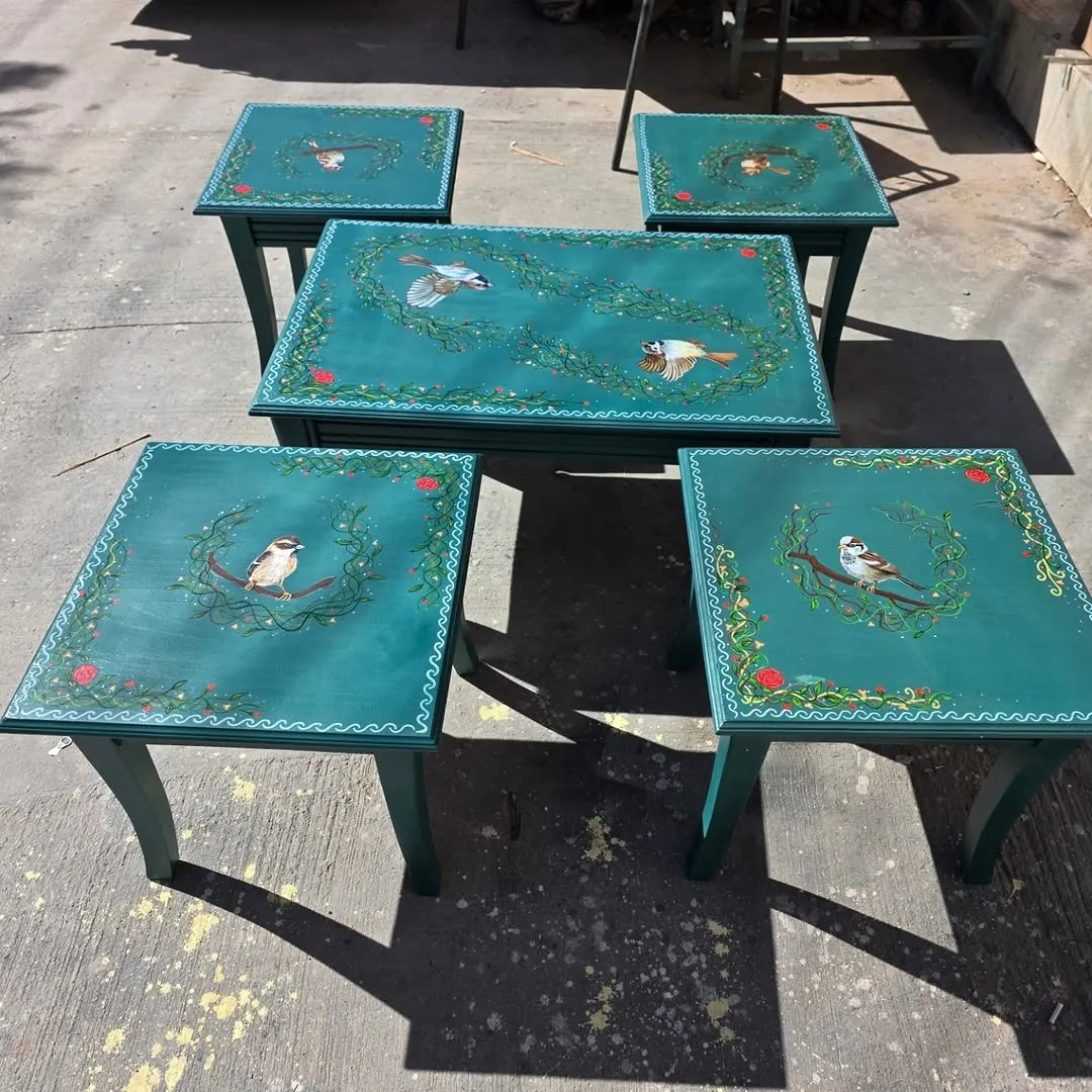Hand-Painted Teal Nesting Tables Set