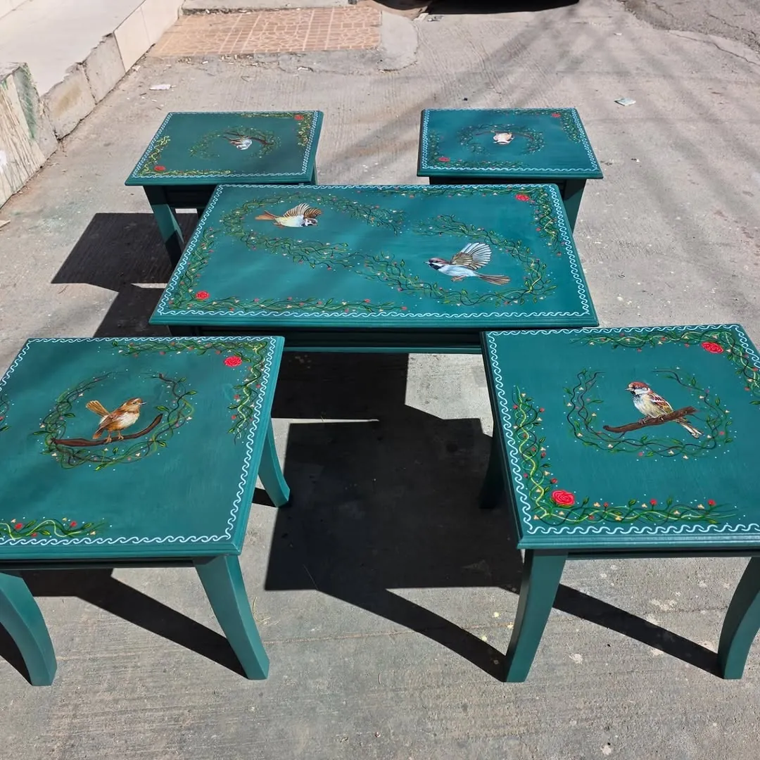 Hand-Painted Teal Nesting Tables Set