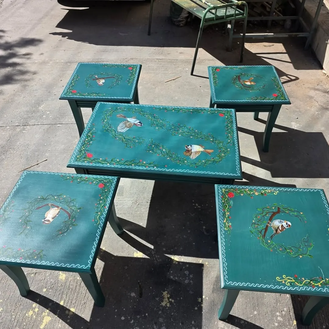 Hand-Painted Teal Nesting Tables Set