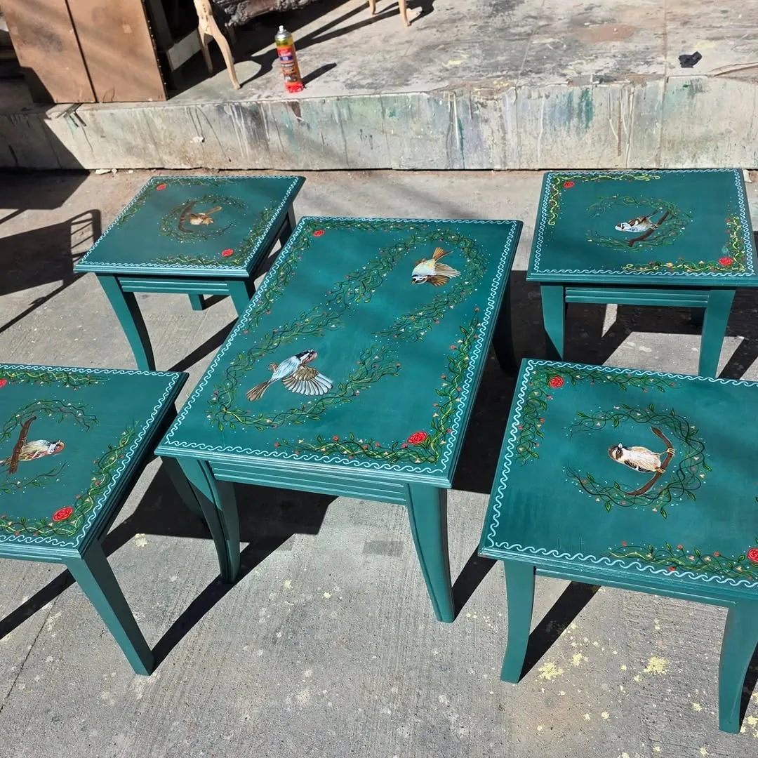 Hand-Painted Teal Nesting Tables Set