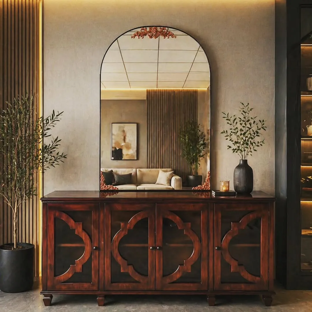 Wooden Sideboard Cabinet with Arched Mirror